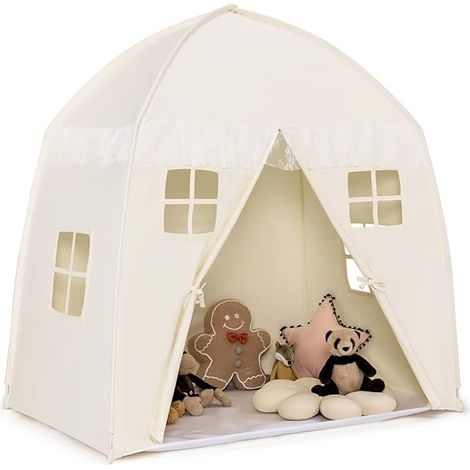 COSTWAY Tente de Jeu pour Enfants avec Tapis Antidérapant et Sac de Transport Grande Maison de Jeu pour Intérieur et Extérieur pour Enfants 3 Ans +, Beige