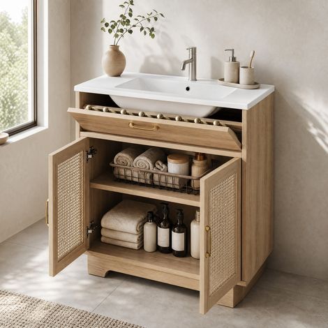 Waschbeckenunterschrank modern mit Keramikwaschbecken, MDF Natur, 76x46x88 cm, 2 Soft-Close-Türen und Klappfach
