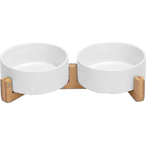 Gamelle double en céramique pour chien, support en bambou, pour chat et chien uniquement (850 ml, grise) (1/5)