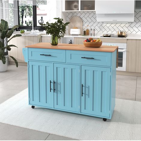 Meuble de cuisine à roulettes 129x71x91,5 cm bleu MDF avec plan rabattable (1/5)
