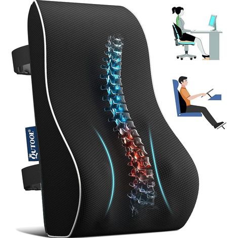 Coussin de Soutien Lombaire Ergonomique, Support Dorsal en Mousse à Mémoire pour Siège de Voiture Chaise de Bureau, et Double Sangles Réglables, avec Couverture de Maille 3D,Noir (1/5)