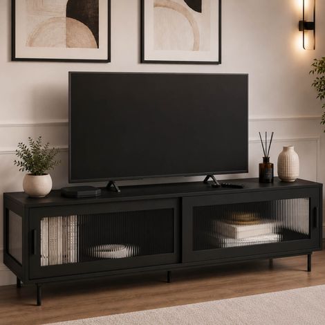 Mueble TV ZINEB 140 cm, 2 puertas correderas de cristal, frente estriado negro (1/5)