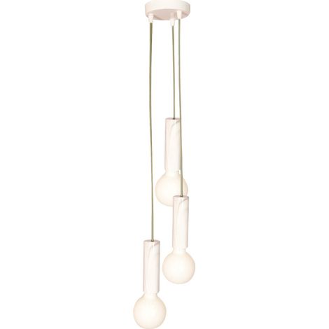 Kit de Suspension plafonnier métal blanc 3 câbles, câble tissu kaki long 3m, douille E27 effet marbre blanc - Tibelec (1/5)