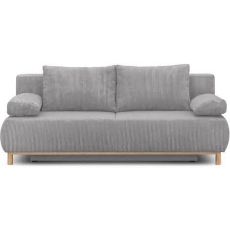 Banquette convertible 3 places MIKA - Velours côtelé gris clair - Coffre de rangement - L 192 x H 84 x P 93 cm (1/5)