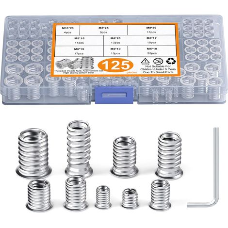 AIDUCHO Lot de 125 inserts filetés M5, M6, M8, M10, 9 différents types d'inserts filetés, inserts d'écrous hexagonaux, écrous à sertir pour meubles en bois, acier au carbone ruthex (1/5)