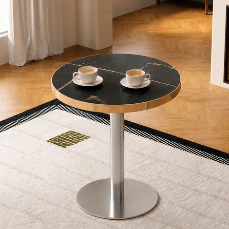 Table d'appoint ronde moderne avec structure en acier inoxydable doré, plateau effet marbre (traitement UV) pour le salon, table d'appoint luxueuse avec un piètement stable (1/5)