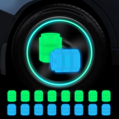 ZOLGINAH Paquete de 16 tapones fluorescentes para válvulas de neumáticos de coche, tapones universales para válvulas de neumáticos de coche, 8 tapones antipolvo azules y 8 tapones para válvulas de neu (1/4)