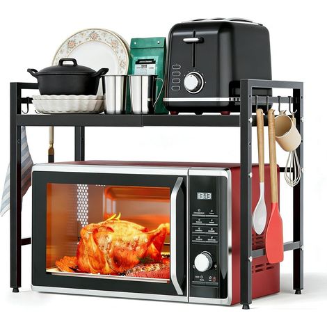 2 Niveaux Support de Four à Micro-Ondes Extensible, avec 6 Crochets  Porte-Micro-Ondes en Acier au Carbone, Longueur Réglable, 0-64cm, Convient aux étagères de Cuisine, aux étagères de Rangement (1/5)