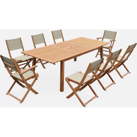Mesa de jardín de madera extensible, 8 sillas