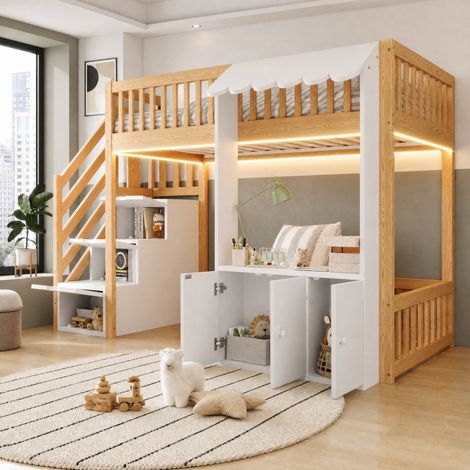 Letto a soppalco in legno 90 x 200 cm con scala contenitore, armadio, LED multicolor e rete HAVRYA (1/5)