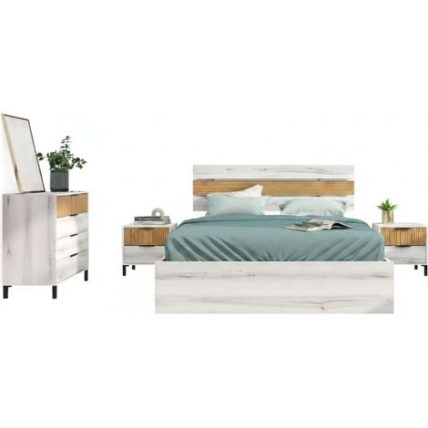 Conjunto de Muebles de Dormitorio Estilo Nórdico en Color Blanco Albo y Roble Rayado (Cama de Matrimonio, Cabecero, 2 Mesitas de Noche, Cómoda) (1/5)
