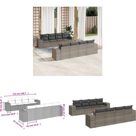 9-tlg. Garten-Sofagarnitur mit Kissen Grau Poly Rattan - Gartenmöbel Set - PE-Rattan Möbel - Outdoor Lounge - Esstisch - Gartenstuhl - Home & Living (1/3)