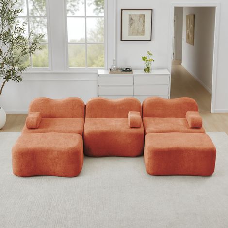 Divano modulare a U 288x167x70 cm arancione in velluto senza struttura con schiuma ad alta densità e pouf (1/5)
