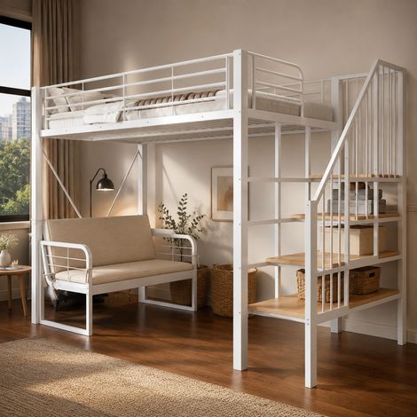 DESMIU Lit superposé 90 × 200 cm 3 places avec escalier de rangement et canapé rembourré, sans matelas, blanc (1/5)
