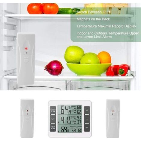 NALOOKAMIC Thermomètre de réfrigérateur numérique,écran LCD, thermomètre de réfrigérateur intérieur/extérieur avec 2 capteurs sans fil et alarme audio pour la maison, le restaurant et le bar, Thermomè