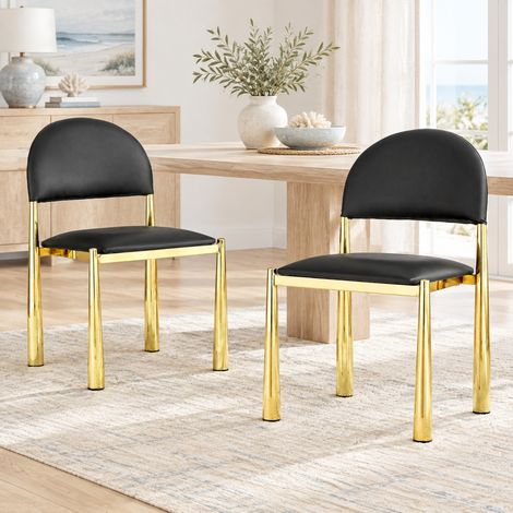 Lot de 2 chaises de salle à manger rembourrées, dossier demi-rond, PU noir, pieds métal HAVRYA (1/5)