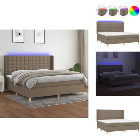 Sommier à lattes de lit matelas et LED Taupe 200x200 cm Tissu - Sommier Tapissier - Lit Plateforme - Lit Avec Rangement - Matelas À Ressorts Ensachés - Têtière Ajustable (1/5)
