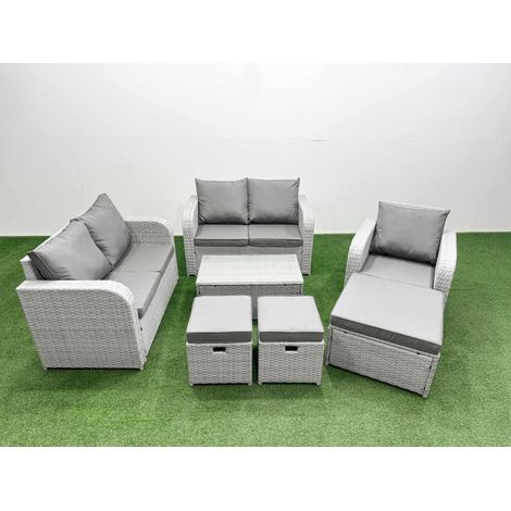 Fimous High Back Poly Rattan Garden Furniture Set with Reclining Chair Loveseat Sofa Rectangular Coffee Table Indoor Outdoor Patio Set 3 Stools Light Grey (1/4)