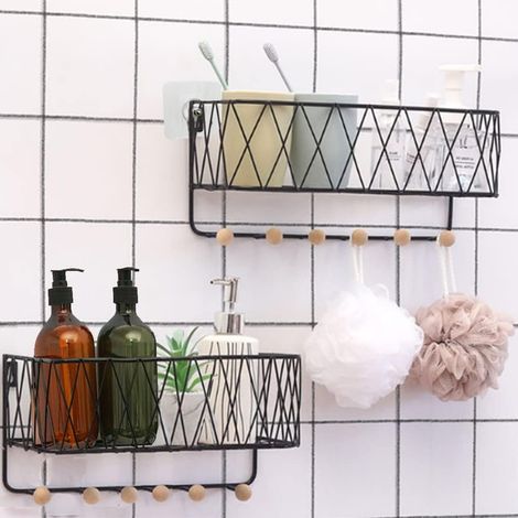 2 Pack Shower Shelf, Wrought Iron Bathroom Shelves, No Drilling Shower Accessory, Wall Mounted Shower Organizer Basket, Storage Shelf for Bathroom/Kitchen(Black)