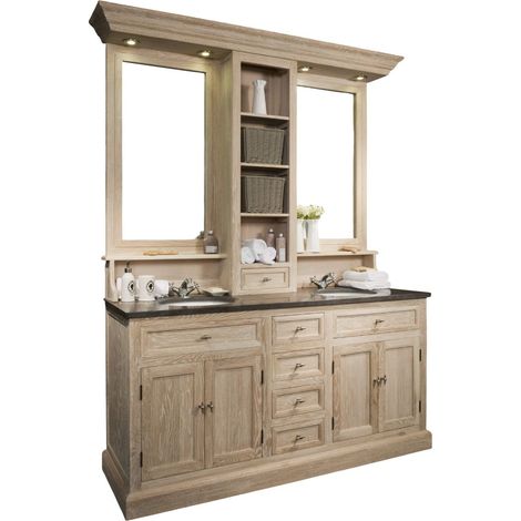 Hellin – Meuble de salle de bain double vasque en chêne massif blanchi – Plan en pierre naturelle bleue – 6 tiroirs et 4 portes – Éclairage LED intégré (1/5)