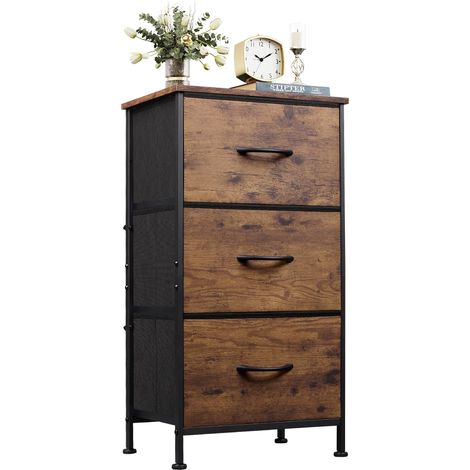 Commode 3 tiroirs tissu, cadre acier, plateau bois, marron rustique (1/5)