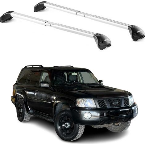 OMAC Barres de toit transversales certifiées TÜV pour Nissan Patrol 1997-2010 – Verrouillables (4 antivols) – Charge max 100 kg – Sangle inox + protection caoutchouc Argent (1/5)
