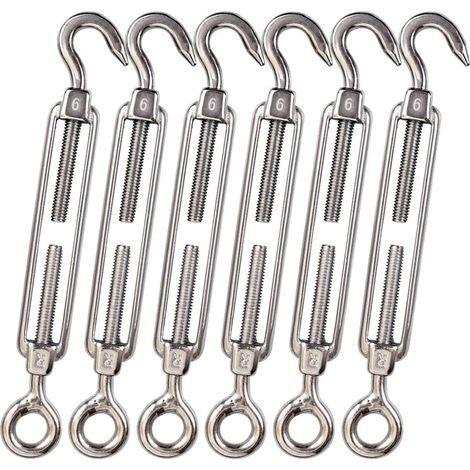M6 Hook Eye C to O Turnbuckle 304 Stainless Steel, Hardware Kit for Wire Rope Tension Heavy Duty, for Sun Shade, Tent Installation, Anti-Rust, 6 Packs (1/4)