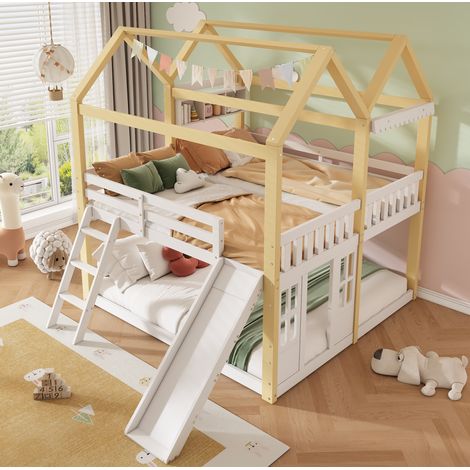 Cama semialta infantil 279.5x205x226 cm blanca y natural de madera con tobogán y escalera reversible (1/5)