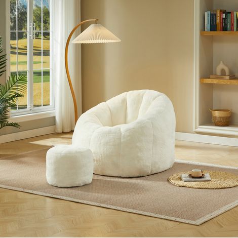 Blüten Sitzsack mit Fußhocker (105 x 105 x 70 cm), aus Kaninchenfell Imitat, weicher Flor, Off White (1/5)