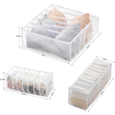Pack of 3 Drawer Underwear Organiser, Foldable Storage Box for Socks, Cupboard Organiser(White, 6 Grids + 7 Grids + 11 Grids) (1/4)