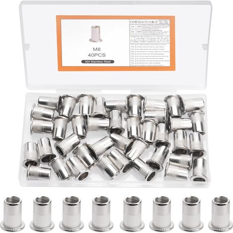 40 Pcs M8 Metal Threaded Insert, Crimp Nuts, Flat Head Stainless Steel Crimp Nuts, Threaded Sleeves for Metal Plates and Tubes (1/5)