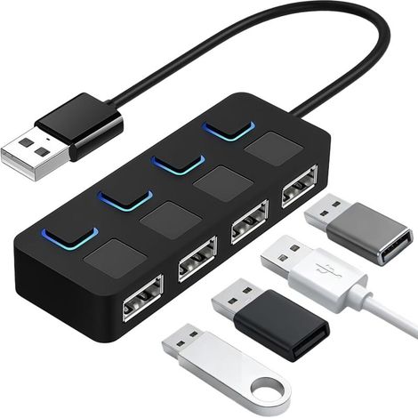 Hub USB 4 Ports Alimenté, Multiport USB 2.0 Ultra Fin 480Mbps, 4 Port Multiple avec Commutateurs et Voyants d'alimentation Individuels, Adaptateur Hub Multiport pour PC Laptop MacBook iMac (1/5)