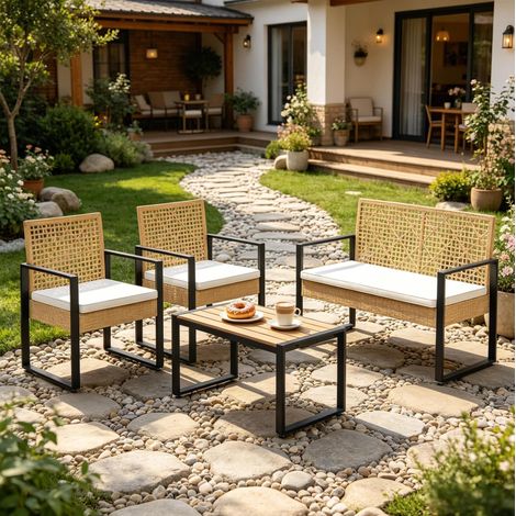 Salon de jardin modulable 112,5x52x75 cm en métal et rotin PE naturel, pour terrasse FLORAGRACE (1/5)