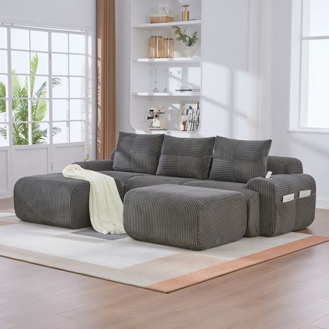FloraGrace canapé modulaire 3 places, 268 x 174 x 66 cm, corduroy gris foncé, avec 2 poufs, porte gobelet et poche (1/5)
