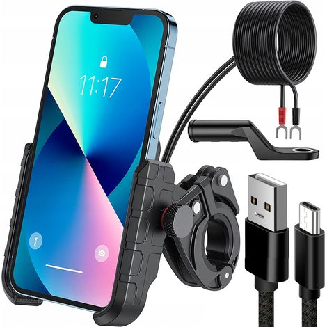 SUPPORTO PER TELEFONO DA MOTO CON CARICABATTERIE USB 12/24V + CAVO USB 20cm
