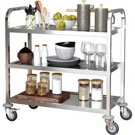 CHICFURN Carro de servicio de 3 baldas con ruedas, carro de cocina de acero inoxidable cromado con freno, estante auxiliar móvil para cocina y comedor, carga 150 kg (1/5)