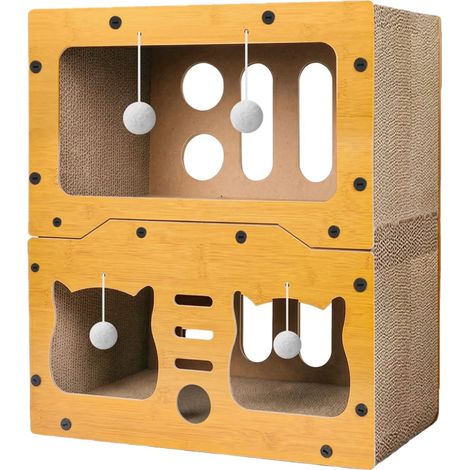 Maison pour chats, planche à gratter multifonctionnelle, design à trois couches, JAUNE (1/2)