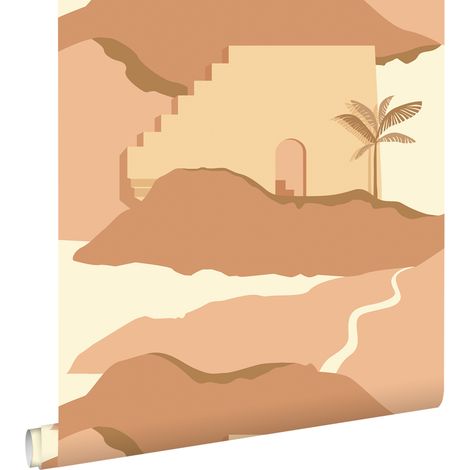 papier peint maisons méditerranéennes beige et rose terracotta  - ESTAhome (1/5)