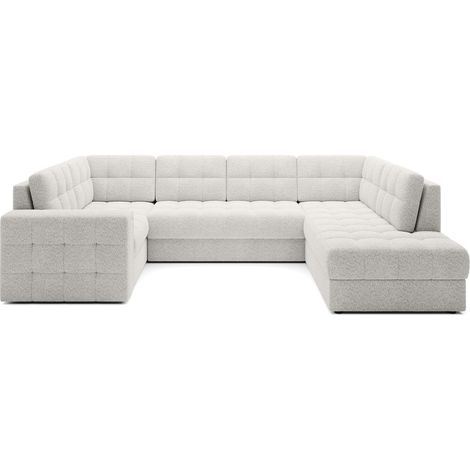 Canapé d'angle convertible MONTEZA blanc bouclette 299 cm avec coffre et couchage (1/5)