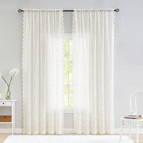 Rideaux en dentelle vintage (2 pièces), légèrement transparents, à motifs floraux et végétaux romantiques, avec tringle nécessaire. Convient pour un salon, une porte-fenêtre ou une fenêtre. Tulle blan (1/4)