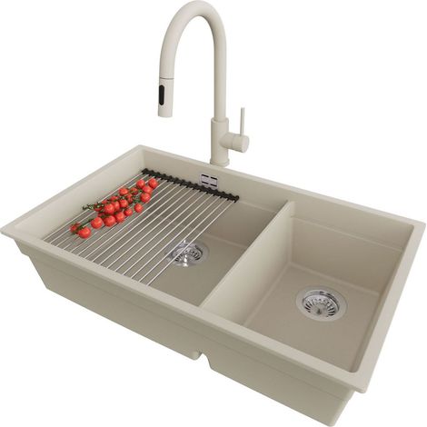 PRIMAGRAN Evier Cuisine en Granit 76x47cm, Lavabo 2 bacs + Kit de Vidage + Accessoire, Évier à Encastrer au meuble 80cm - Prague Slim Duo, Beige