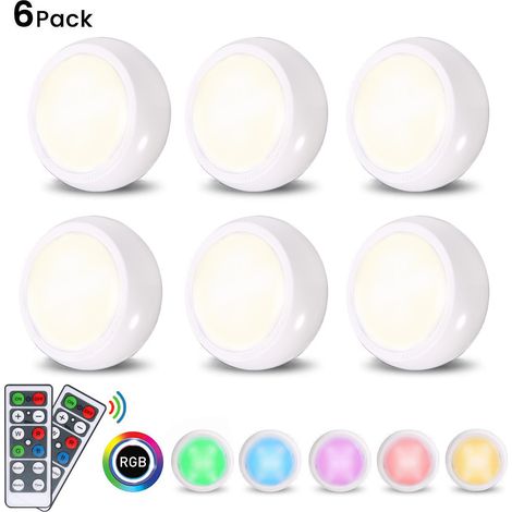 6 Pcs Lampe Placard de 1W, Lampe LED Veilleuse RGB 13 Couleurs Luminosité Lampe Murale sans fil Réglable Pour Cuisine, Chambre,Coiffeuse,lampe pile(batterie non incluse) avec 2 Télécommande (1/5)