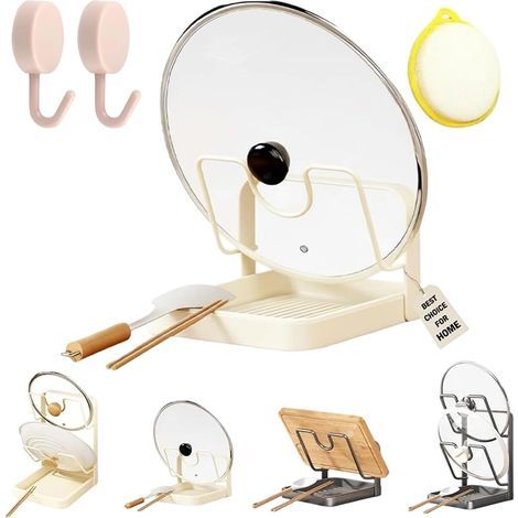 Aufbewahrungsständer für Topfdeckel, Topfdeckelhalter mit Ablage, Deckelhalter beim Kochen, Deckel- und Löffelablage, multifunktionaler Küchenorganizer-Ständer für den Herd (Beige, einlagig) (1/5)