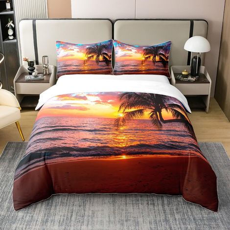 Parure de lit 100 % coton avec housse de couette de 155 x 220 cm, motif : océan, plage, coucher de soleil, hawaïen, feuilles tropicales, mer, vagues, côte, paysage méditerranéen, housse de couette (1/5)