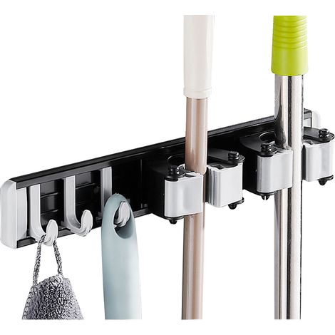 Soporte de pared para escobas y fregonas con ganchos, fabricado en aluminio, no requiere taladrar ni usar clavos, ideal para la cocina, el baño, el jardín y el garaje. (1/5)