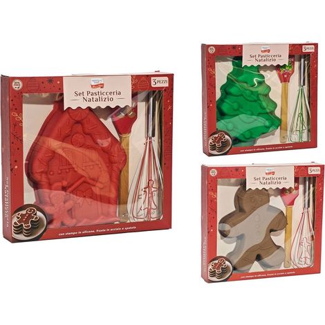TRADE SHOP - Set Pasticceria Natalizio Da 3 Pezzi Con Stampo In Silicone Frusta In Acciaio Spatola -