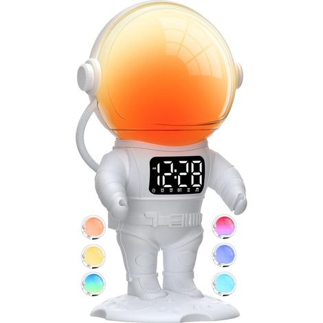 Reveil simulateur d'aube avec Haut Parleur Bluetooth, 7 Sonneries, 21 Sons de Sommeil, Couleurs de lumière, Snooze, Minuteur, Forme en Astronaute pour Enfant ado