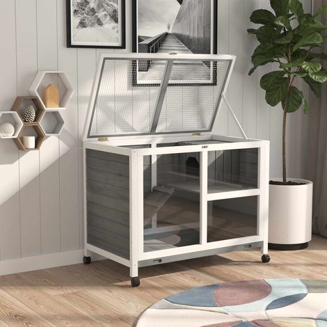 Conigliera PawHut su ruote, piccola gabbia per animali domestici in legno massello, 2 livelli, tetto incernierato, piattaforme, 91,5 x 53,3 x 73 cm, grigia