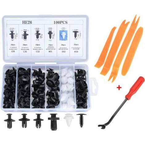 Paquete de 100 clips universales de plástico para guardabarros de coche. Kit de clips para parachoques con herramienta para desmontar paneles. (1/5)