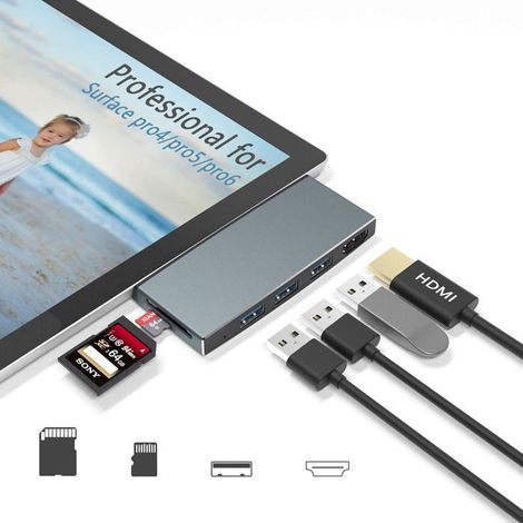 Station d'accueil Surface Pro 4/Pro 5/Pro 6 avec port HDMI 4K + 3 ports USB 3.0 + lecteur de carte SD/TF (Micro SD) adaptateur (1/5)